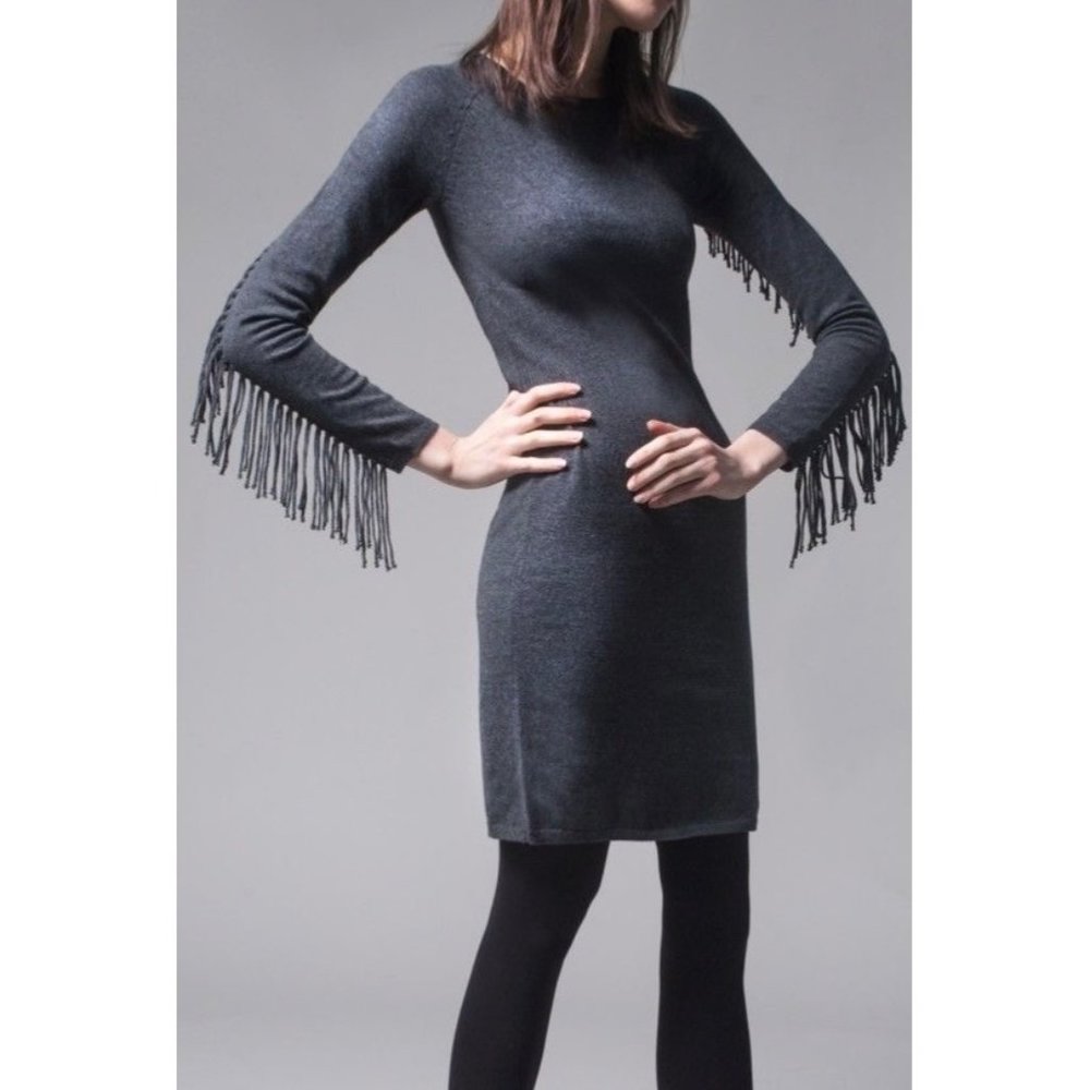 Yoana Baraschi Womens Raven Fringe Dress Charcoal Gray Sweater size Medium